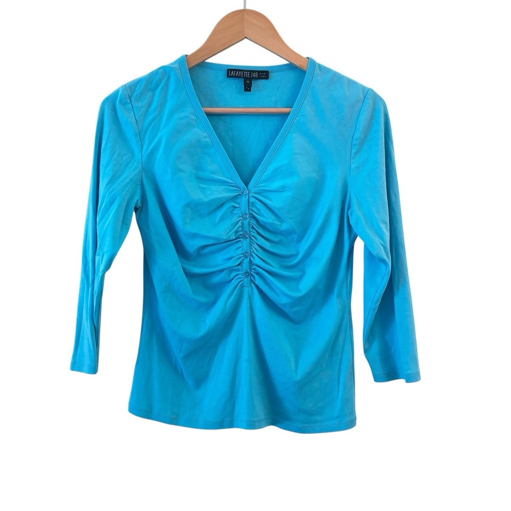Lafayette 148 Ruched Turquoise Top Womens Size M V Neck Statement Going Out